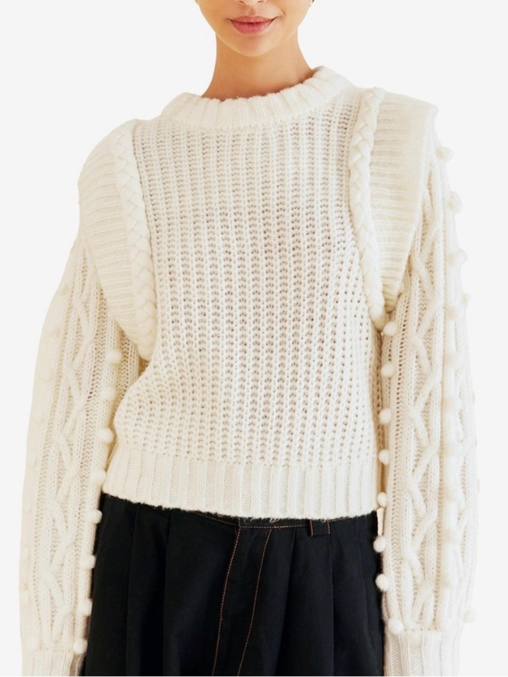 FARM Rio Ivory Cable Bobble-Sleeve Sweater